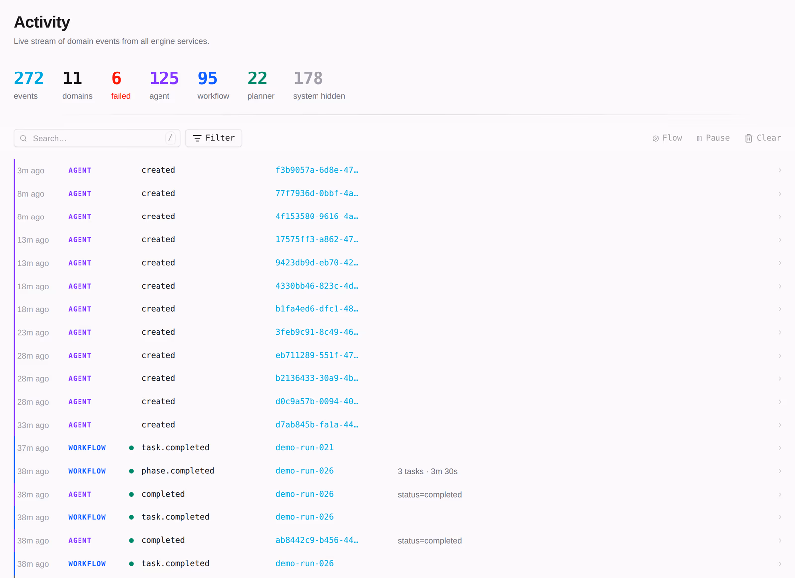 The live event stream — every domain event the engine emits, as it happens.