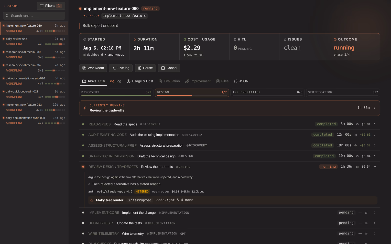 One run in flight: phase strip, live tasks, and the rail to switch runs.
