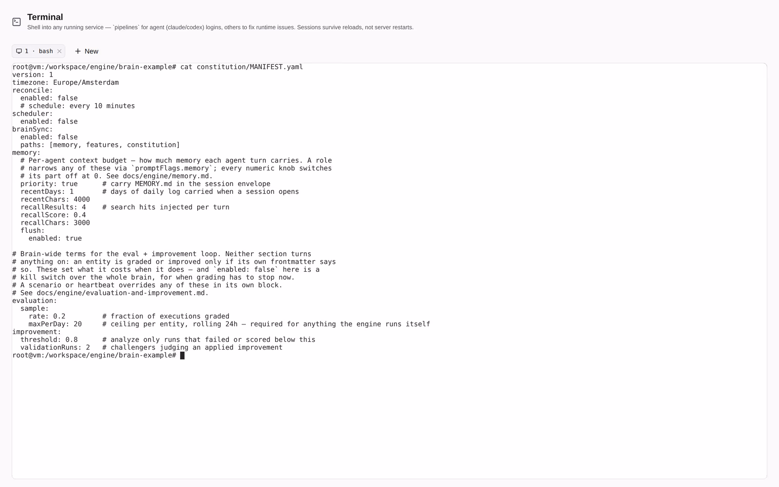 A real shell into the running container, in the browser.